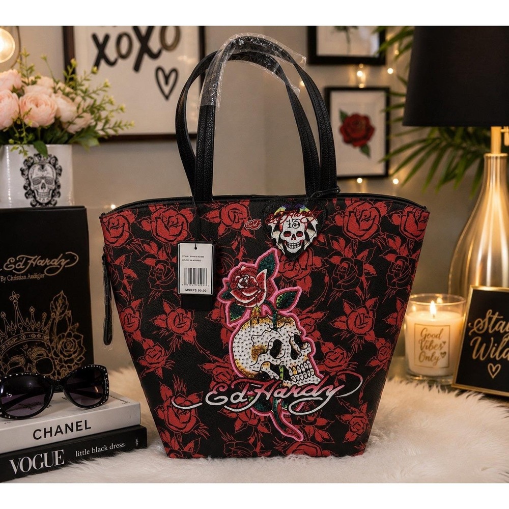 Ed Hardy Skull Rose Rhinestone Tote Bag Black Red NWT Purse Shoulder Bag